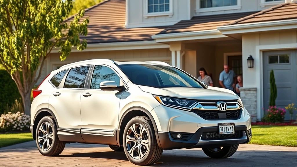 2024 Honda CR-V Hybrid crossover in pearl white parked in modern suburban driveway with family in background, daylight