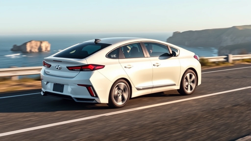 Hyundai Ioniq 6 pearl white fastback electric sedan in dynamic three-quarter view on coastal road with ocean cliffs visible, modern elegant proportions emphasized
