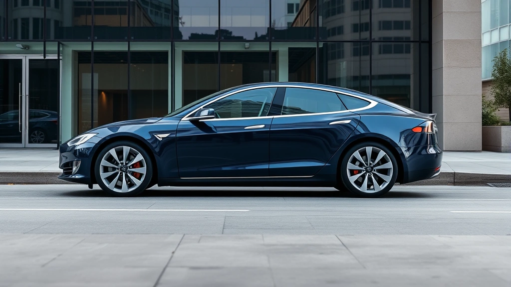 Tesla Model S Plaid in midnight blue metallic paint parked in modern urban environment with glass building reflections, emphasizing minimalist design and flush door handles