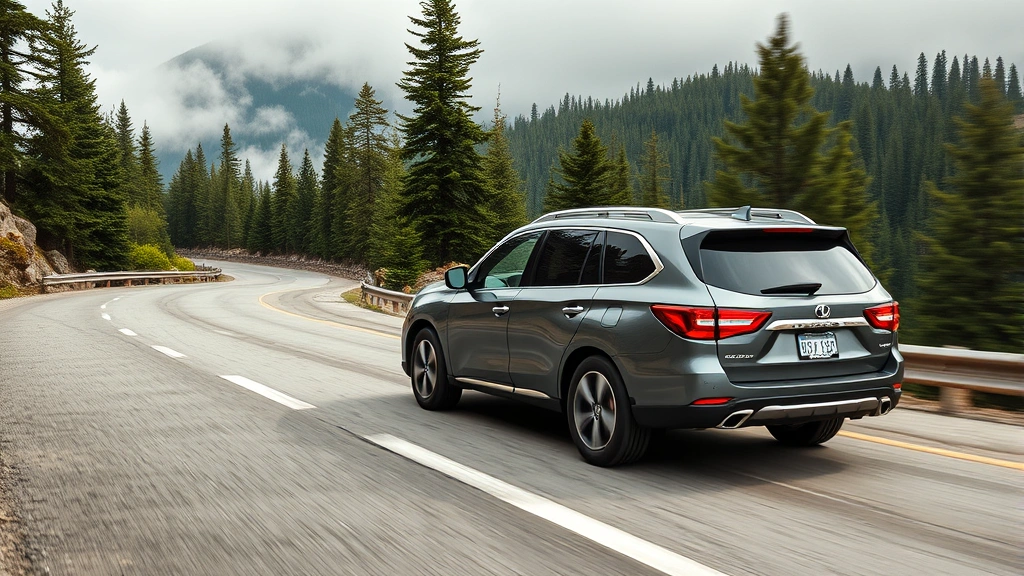 Three-row family SUV navigating scenic mountain road, dynamic angle showing suspension travel, misty forest backdrop, natural daylight, action-oriented composition