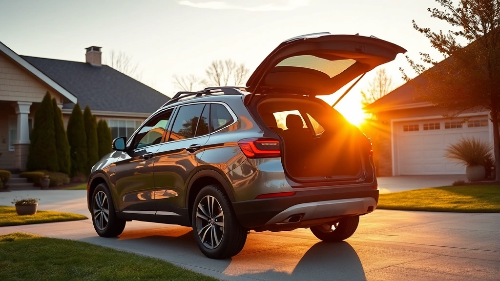 Modern crossover SUV parked on residential driveway during golden hour, showing elevated seating position and spacious cargo area with rear liftgate open