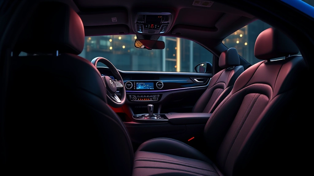 Luxury sedan interior featuring leather seats, ambient lighting, advanced dashboard technology, steering wheel detail with premium materials