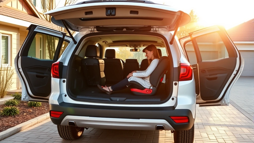 Modern family SUV in pearl white parked in suburban driveway with open cargo doors showing spacious interior, afternoon sunlight illuminating cabin, children's car seats visible, emphasizing safety and practicality features