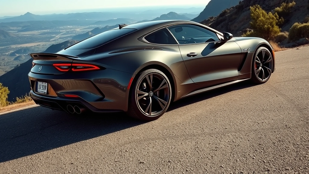 Luxury sports sedan parked on mountain overlook, dynamic angle showcasing aerodynamic curves and premium wheels