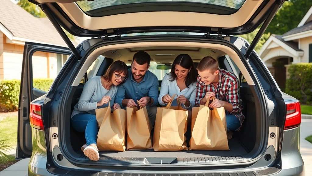 Family of four loading grocery bags into spacious crossover SUV trunk in suburban driveway on sunny day, demonstrating cargo capacity and practical utility