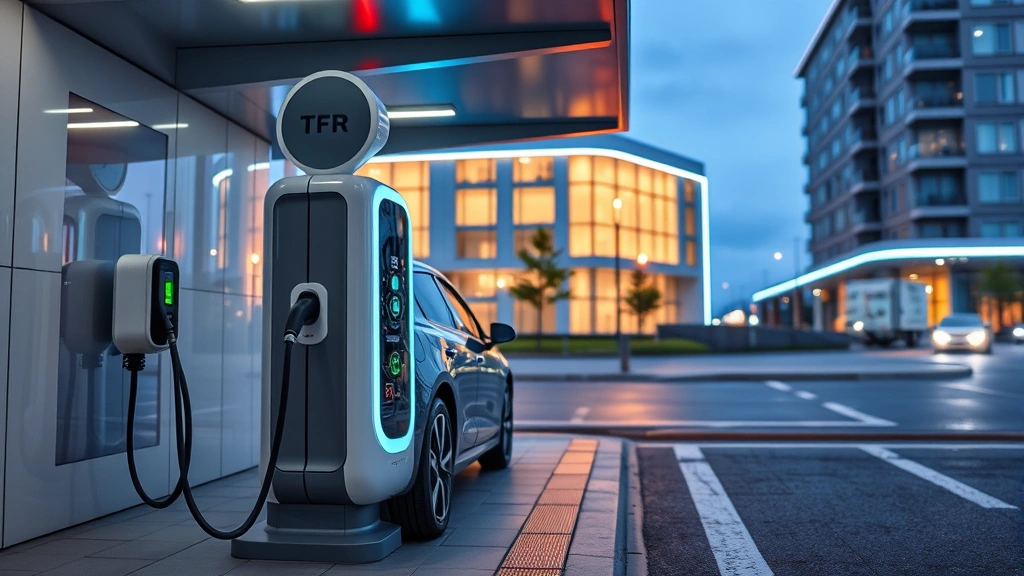 Electric vehicle charging at modern public charging station, futuristic design elements, LED lighting, clean urban environment with contemporary architecture in background, showing sustainable transportation technology