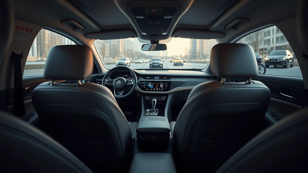 Modern sedan interior featuring premium leather seats, multi-screen infotainment display, and ambient lighting in neutral colors