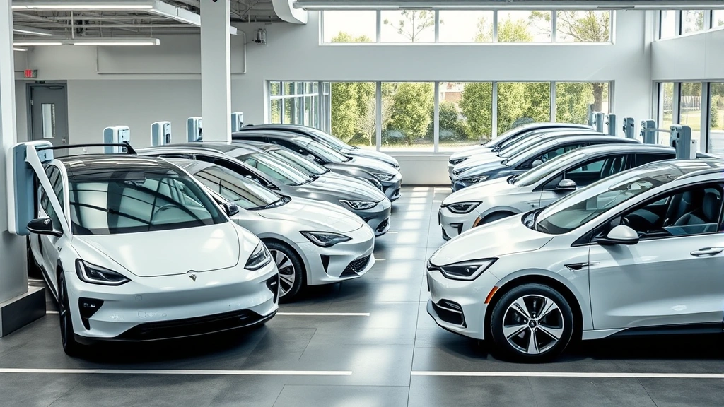 Diverse electric vehicles parked in modern charging station lot including sedans and SUVs, contemporary design, natural daylight, showroom-quality presentation