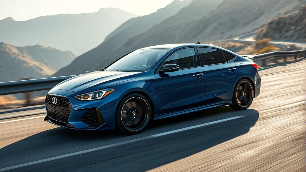 Sporty mid-size sedan in deep blue paint racing through curved mountain road, dynamic motion, professional lighting highlighting contours
