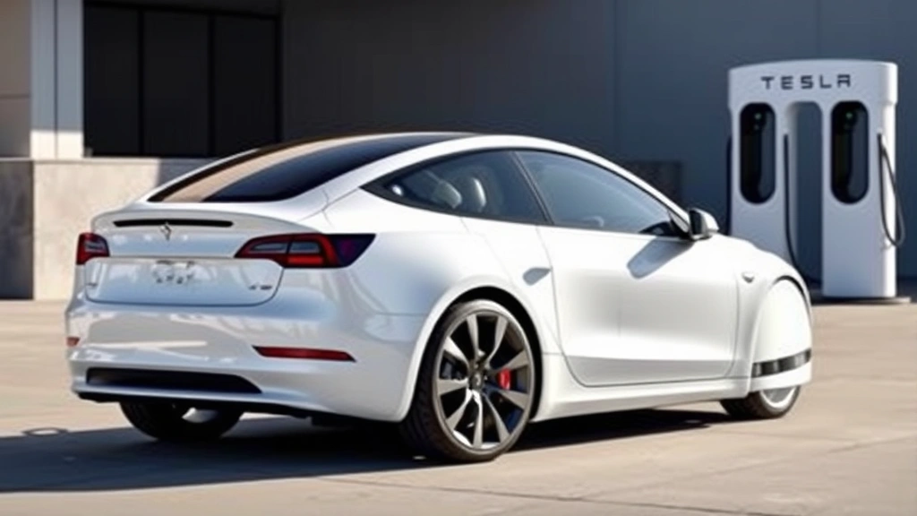 Tesla Model 3 Performance side profile highlighting minimalist design, panoramic glass roof, aerodynamic wheels, pearl white paint, modern charging station visible in background