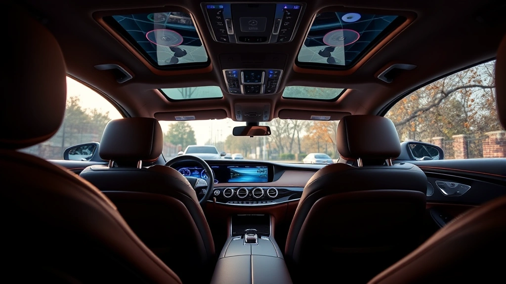 2024 Mercedes-Benz S-Class interior cabin view, panoramic leather dashboard, ambient lighting, premium luxury automotive interior, executive seating arrangement, side profile through window