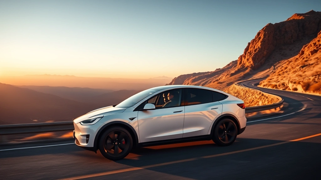 Tesla Model Y electric crossover in pearl white multi-coat, dynamic side profile on winding mountain road, golden hour lighting, clean composition without watermarks or text