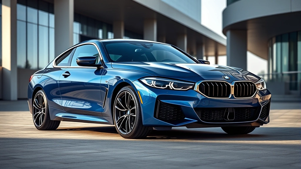 2024 BMW M440i xDrive coupe in metallic blue, parked in modern urban setting with sleek architecture, showcasing aggressive front grille and muscular bodylines