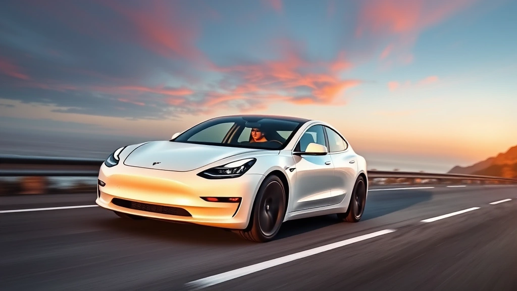 Tesla Model 3 Long Range in pearl white multi-coat, dynamic motion shot on coastal highway, expansive ocean view background, sunset lighting highlighting minimalist design and aerodynamic profile, professional automotive photography