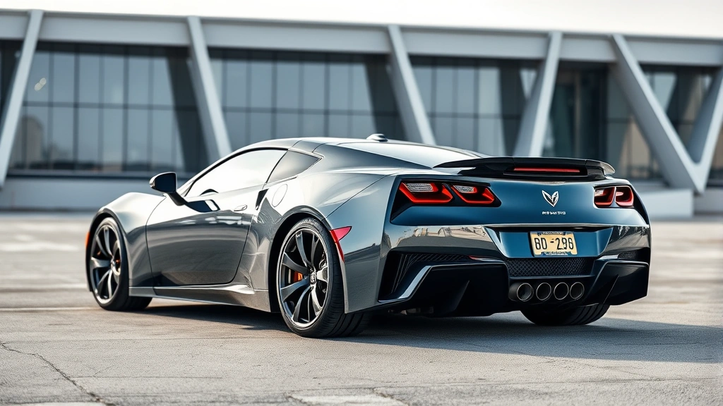 High-performance sports car captured from three-quarter angle, aggressive stance, premium wheels visible, dynamic composition with architectural background