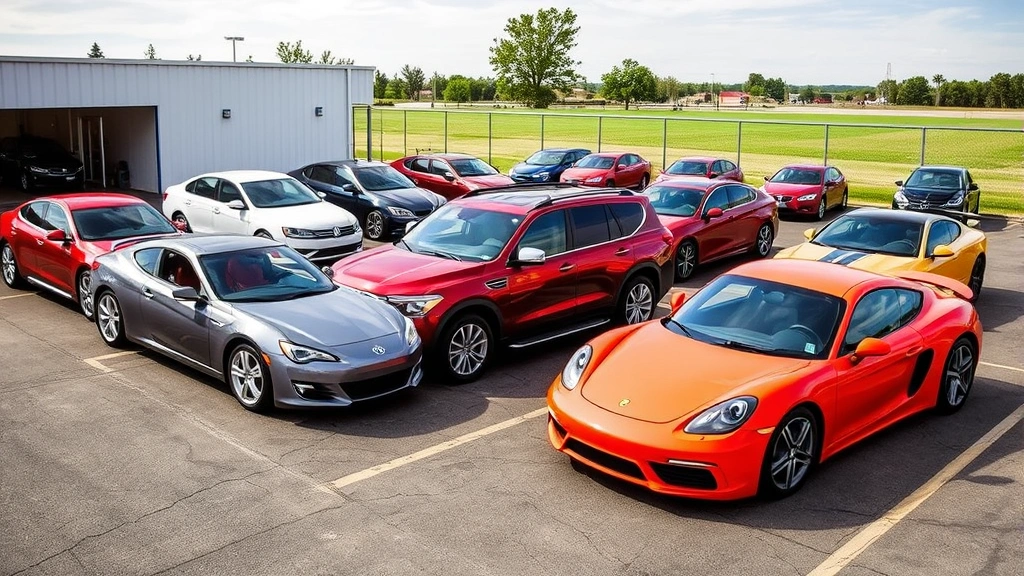 Multiple diverse vehicles parked in outdoor testing facility, showcasing sedan, SUV, and sports car models representing different automotive segments