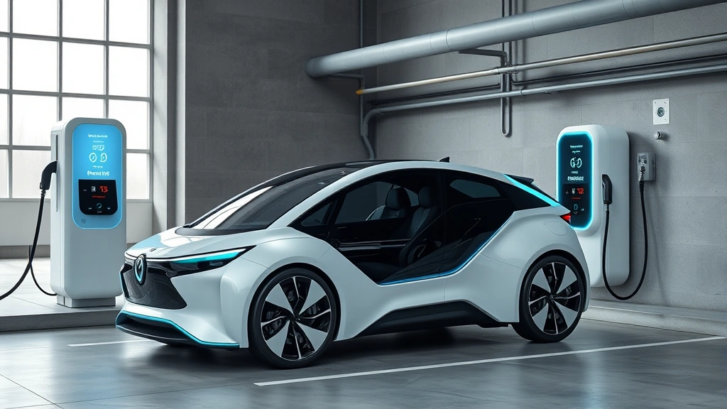 Advanced electric vehicle with futuristic design charging at modern charging station, minimalist industrial setting with clean lines and contemporary architecture