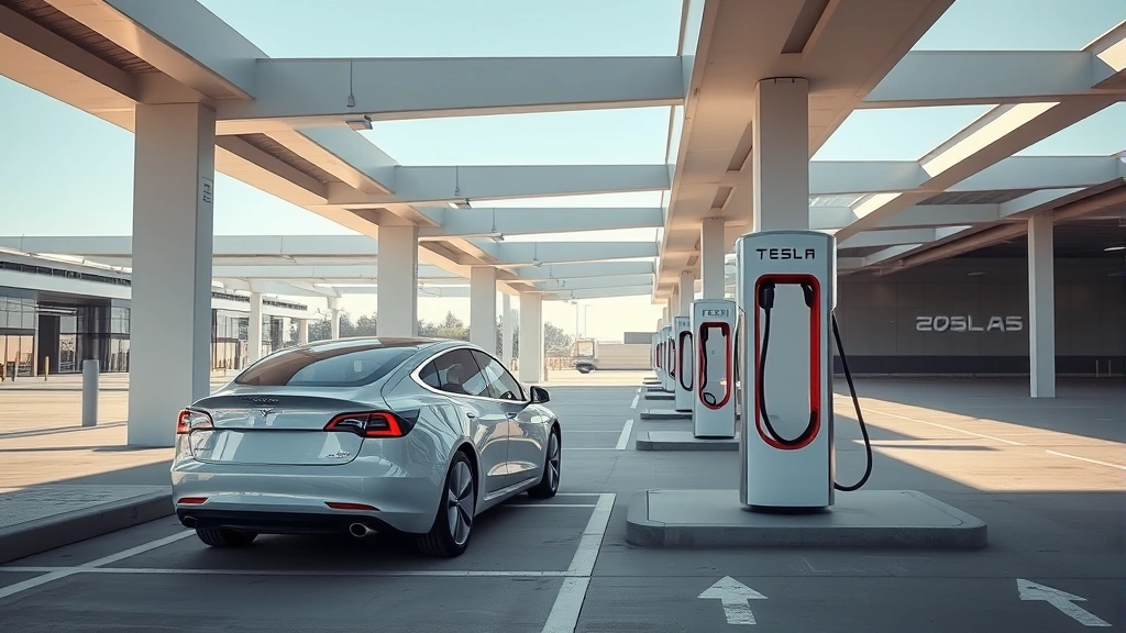2024 Tesla Model 3 charging at Supercharger station with modern infrastructure, minimalist design, futuristic aesthetic, natural daylight, no text on charging equipment