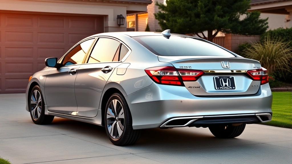 Silver Honda Accord sedan parked in suburban driveway during golden hour, demonstrating practical family vehicle appeal with clean design and professional presentation