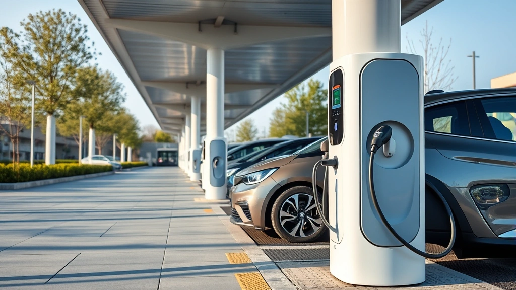 Electric vehicle charging at public station with modern charging pedestal, contemporary design, daytime lighting, showing futuristic sustainable transportation infrastructure