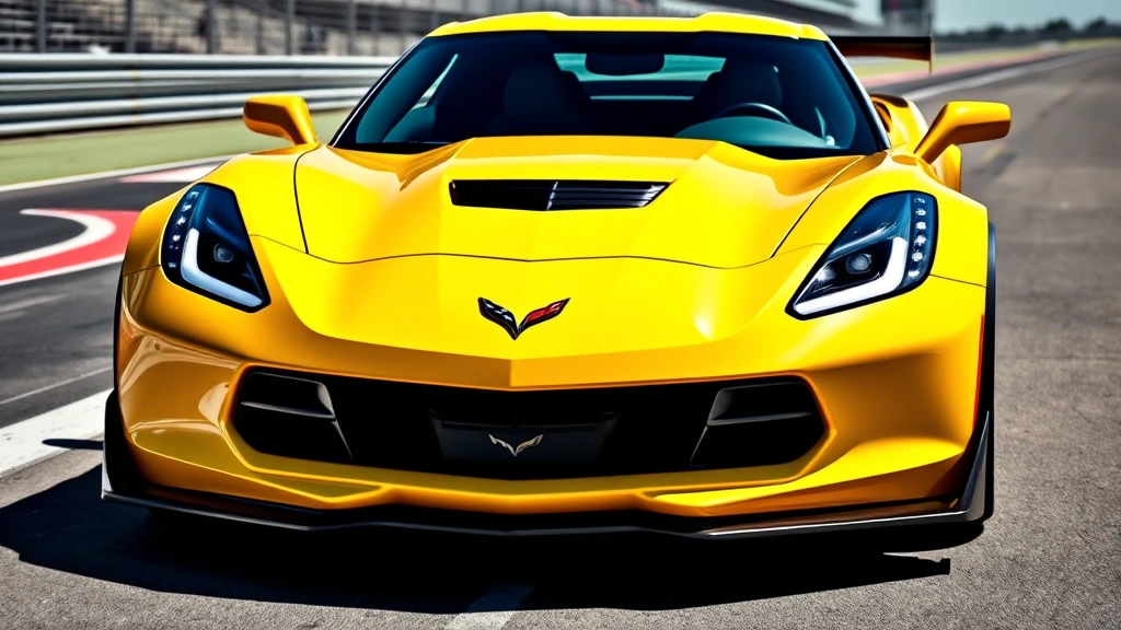 Chevrolet Corvette Z06 in bright yellow parked at racing circuit, showcasing aggressive front splitter and functional hood vents, sunny conditions with sharp details
