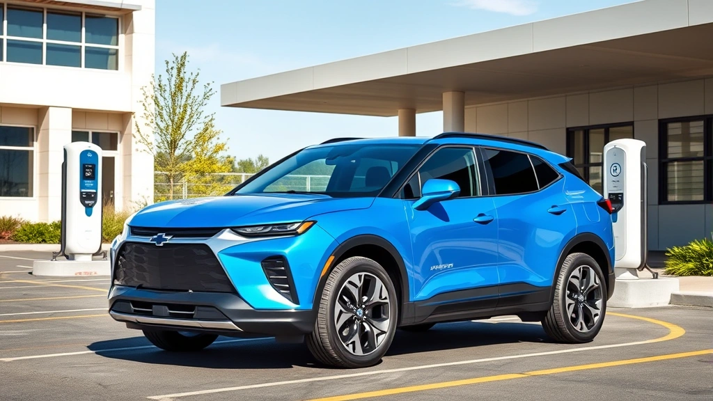 Vibrant blue Chevrolet Blazer EV parked on modern charging station lot with contemporary architecture, bright daylight, clean composition
