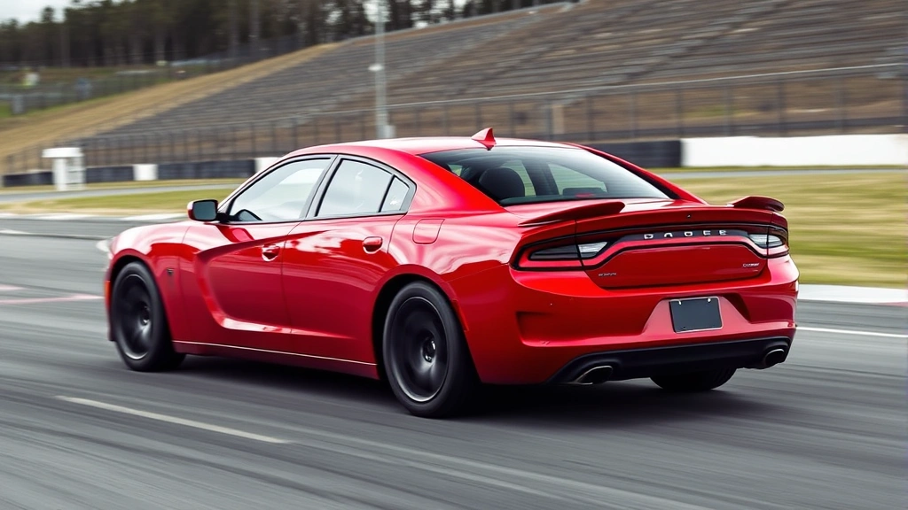 Red Dodge Charger R/T muscle sedan photographed from three-quarter angle in dynamic motion on racetrack, showcasing aggressive stance and performance character