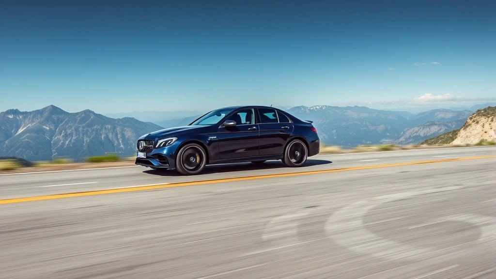 Mercedes-AMG C63 S midnight blue sedan captured from side profile on empty mountain road, dynamic driving position, alpine scenery background, luxury performance sedan in motion context
