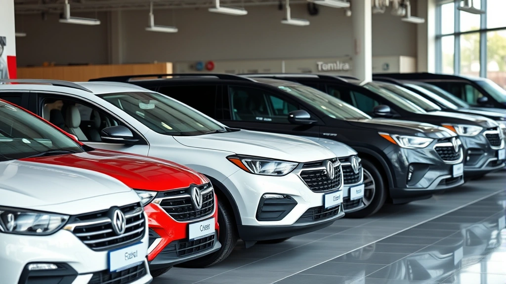 Diverse automotive lineup parked in row, multiple vehicle types including sedan SUV truck, modern dealership showroom background, professional automotive display, contemporary vehicles