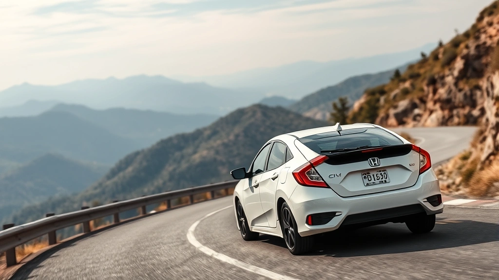 Honda Civic compact car on winding mountain road, white pearl finish, dynamic driving angle, scenic landscape background, clear weather