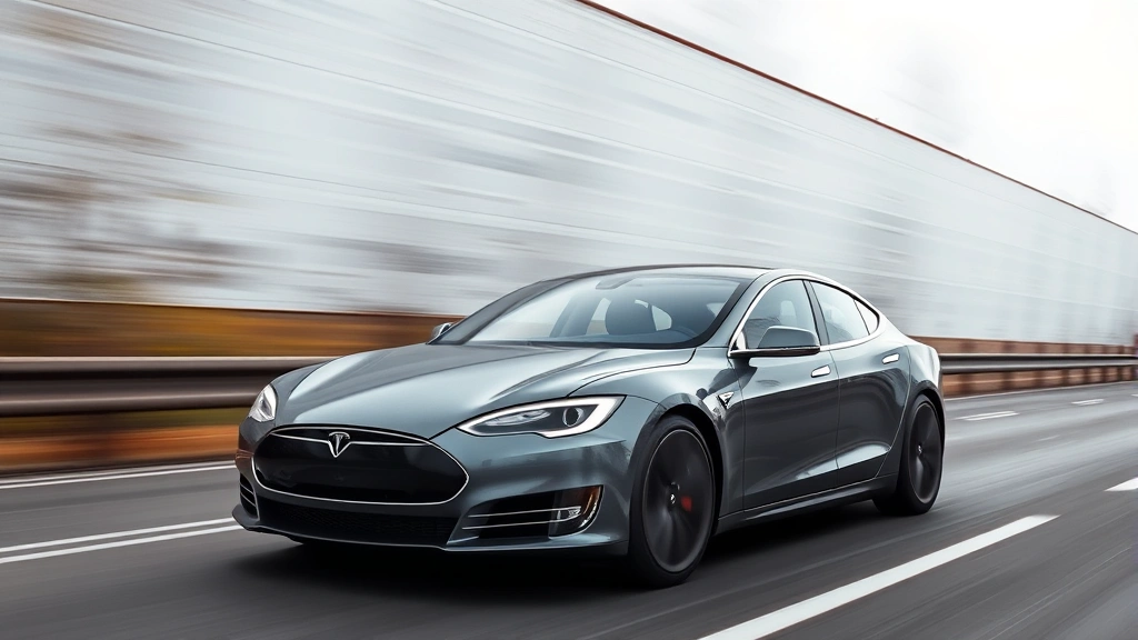 Tesla Model S Plaid electric sedan accelerating on highway with motion blur background, showcasing aerodynamic design and futuristic silhouette in metallic grey finish