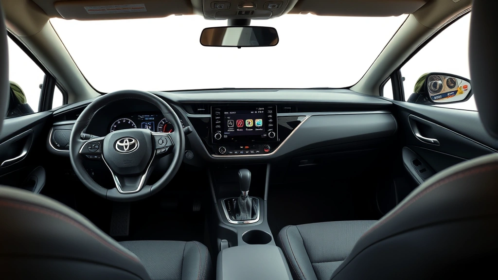 2024 Toyota Corolla interior cabin view showing modern touchscreen dashboard, steering wheel, and comfortable seating with soft-touch materials, professional photography