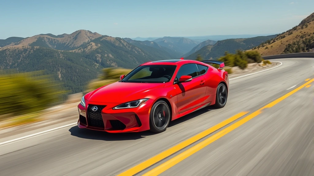 Red sport sedan accelerating on curved mountain road, dynamic motion photography, clear sky background, showcasing responsive handling and performance capabilities
