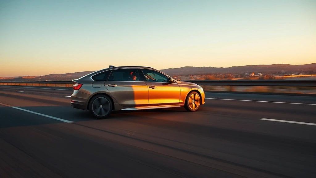 Midsize sedan on open highway during golden hour, dynamic driving scene showing responsive handling, modern alloy wheels and aerodynamic design, clear sky background, professional automotive photography