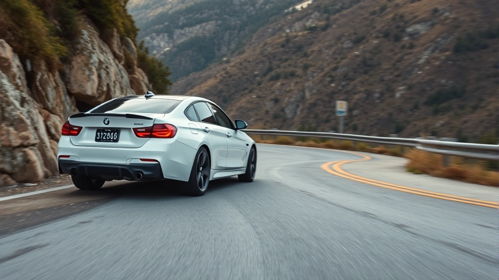 Performance sport sedan cornering aggressively on mountain road with dynamic suspension compression, capturing motion and athletic capability