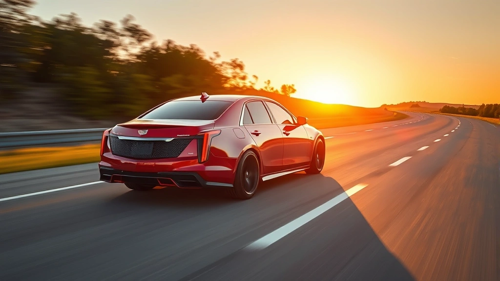 Red Cadillac CT5-V Blackwing sport sedan shot from side profile on open highway at golden hour, dramatic motion blur background, muscular stance highlighted