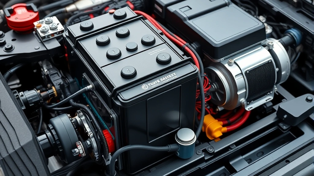 Close-up of hybrid battery pack and electric motor components installed in vehicle chassis, displaying advanced battery management technology and power distribution systems