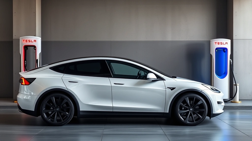 Tesla Model Y in pearl white multi-coat, profile view charging at Supercharger station, modern minimalist design, clean contemporary setting, electric vehicle futuristic aesthetic