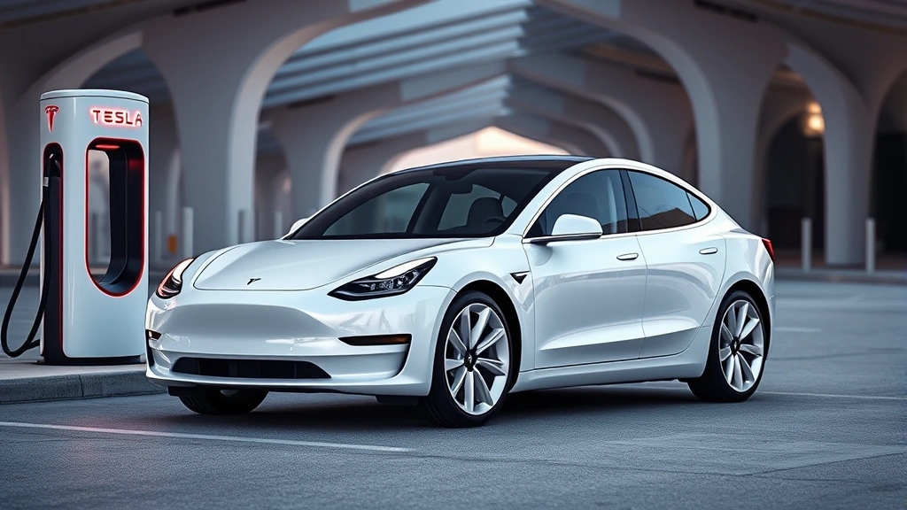 Modern Tesla Model 3 Performance in pearl white multi-coat, charging at Supercharger station with futuristic architectural elements, daytime lighting showing smooth aerodynamic silhouette and minimalist wheel design