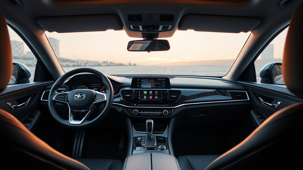 Interior cabin view of luxury sedan dashboard featuring modern touchscreen infotainment system, leather steering wheel, ambient lighting, and premium materials