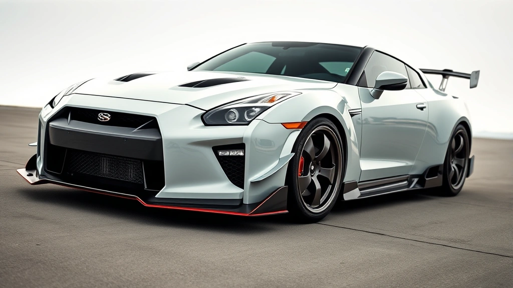 High-performance sports car with aggressive stance, wide body kit, low angle perspective emphasizing muscular proportions and aerodynamic design