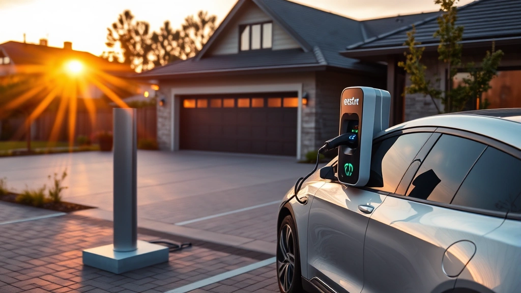 Modern electric vehicle charging at residential home charging station during golden hour, sleek charger design and contemporary driveway setting