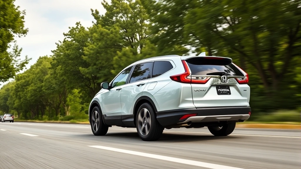 Modern Honda CR-V compact crossover SUV in motion on tree-lined highway, demonstrating spacious design and practical family vehicle capability with clear sky background
