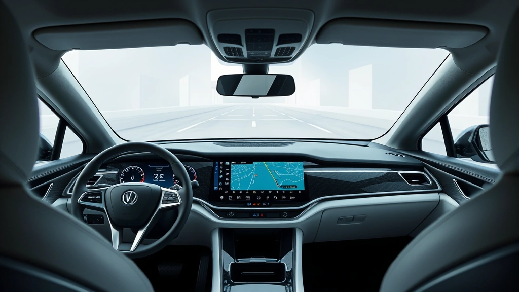 Advanced autonomous vehicle dashboard with digital display showing navigation and vehicle systems, minimalist interior design, modern technology interface, professional photography