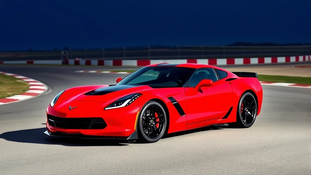 Chevrolet Corvette Z06 bright red mid-engine sports car three-quarter view racing track background professional automotive photography