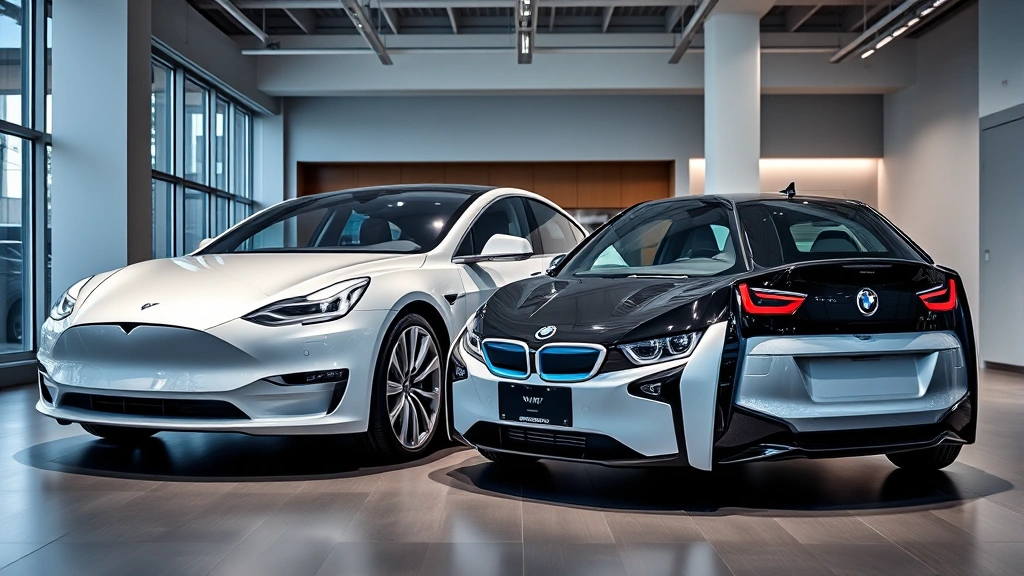 Tesla Model S and BMW iX parked together in modern showroom, sleek luxury electric vehicles side by side, contemporary interior lighting, professional automotive imagery