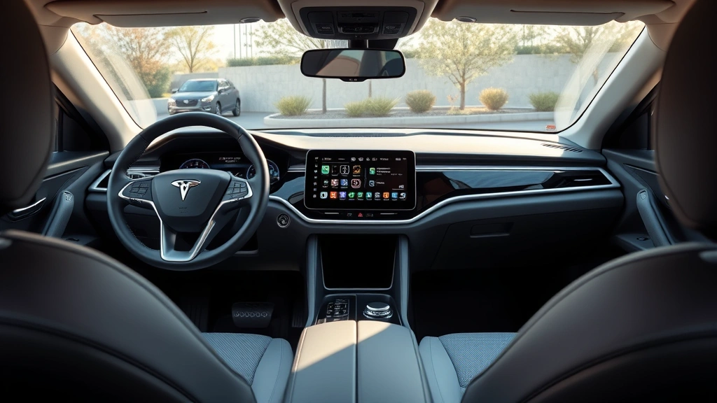 Modern electric SUV interior showing premium dashboard design, advanced touchscreen infotainment system, and spacious passenger compartment with natural light streaming through windows