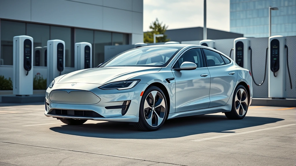 Sleek electric sedan photographed from three-quarter angle, showcasing aerodynamic design and minimalist front fascia, set against modern charging infrastructure backdrop, daylight automotive photography