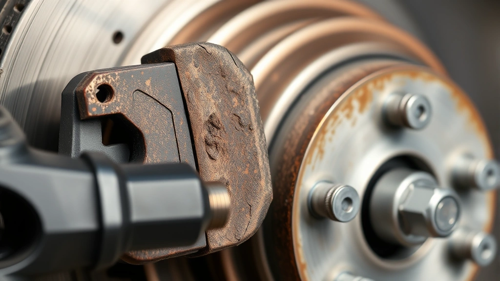 Close-up of brake pad replacement showing worn pads next to new pads on rotor with specialized brake tools