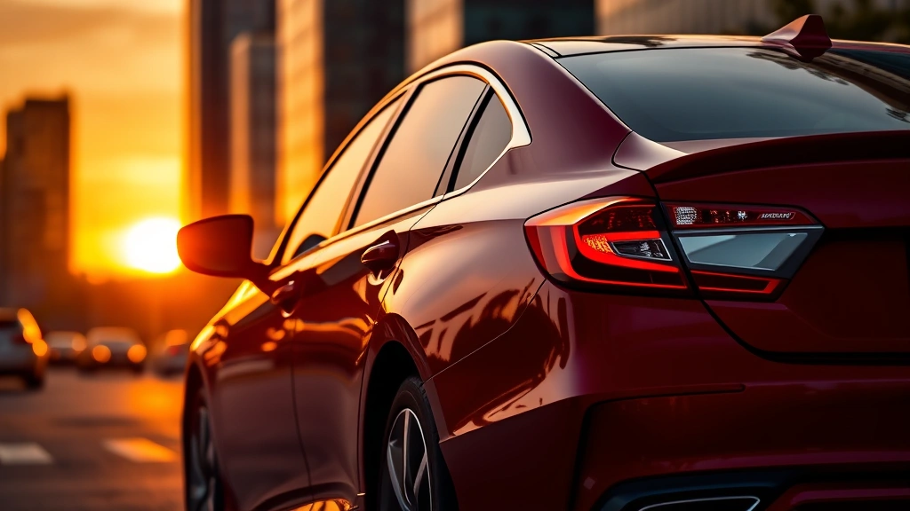 Red Honda Accord sedan captured from side profile during sunset with golden hour lighting, urban cityscape blurred in background, sleek modern design emphasis